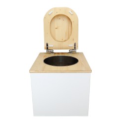 Toilette sèche en bois blanc/huilé avec seau inox, bavette inox et abattant bois déclipsable