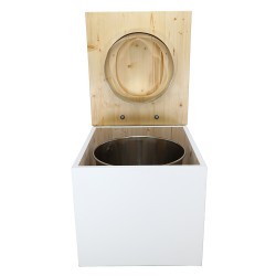 Toilette sèche en bois blanc/huilé avec seau inox, bavette inox et abattant bois déclipsable