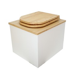 Toilette sèche en bois blanc/huilé avec seau inox, bavette inox et abattant bois déclipsable