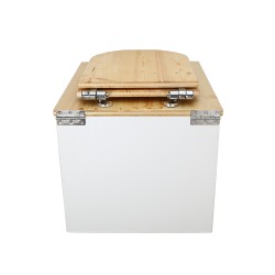 Toilette sèche en bois blanc/huilé avec seau inox, bavette inox et abattant bois déclipsable