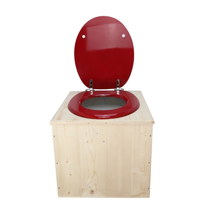  Toilette sèche en bois brut avec seau 22 Litres plastique + bavette inox - abattant bois rouge