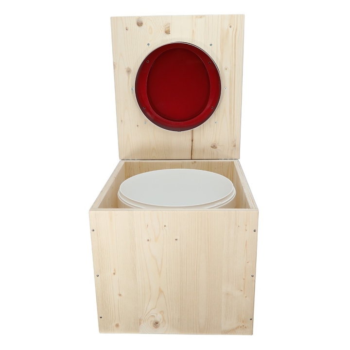  Toilette sèche en bois brut avec seau 22 Litres plastique + bavette inox - abattant bois rouge