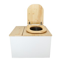 Toilette sèche avec bac à copeaux de bois intégré en bois blanc/huilé avec bavette inox et seau inox, abattant bois déclipsable