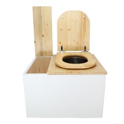 Toilette sèche avec bac à copeaux de bois intégré en bois blanc/huilé avec bavette inox et seau inox, abattant bois déclipsable