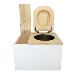 Toilette sèche avec bac à copeaux de bois intégré en bois blanc/huilé avec bavette inox et seau inox, abattant bois déclipsable