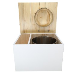 Toilette sèche avec bac à copeaux de bois intégré en bois blanc/huilé avec bavette inox et seau inox, abattant bois déclipsable