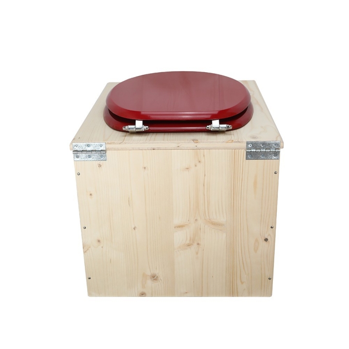  Toilette sèche en bois brut avec seau 22 Litres plastique + bavette inox - abattant bois rouge