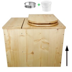 Toilette sèche avec bac à copeaux en bois huilé rehaussée avec bavette inox et seau 20L plastique, abattant "D" huilé