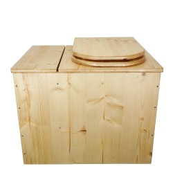Toilette sèche avec bac à copeaux en bois huilé rehaussée avec bavette inox et seau 20L plastique, abattant "D" huilé
