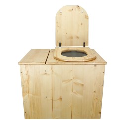 Toilette sèche avec bac à copeaux en bois huilé rehaussée avec bavette inox et seau 20L plastique, abattant "D" huilé