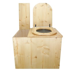 Toilette sèche avec bac à copeaux en bois huilé rehaussée avec bavette inox et seau 20L plastique, abattant "D" huilé