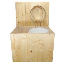 Toilette sèche avec bac à copeaux en bois huilé rehaussée avec bavette inox et seau 20L plastique, abattant "D" huilé