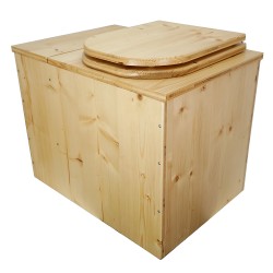 Toilette sèche avec bac à copeaux en bois huilé rehaussée avec bavette inox et seau 20L plastique, abattant "D" huilé