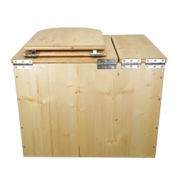 Toilette sèche avec bac à copeaux en bois huilé rehaussée avec bavette inox et seau 20L plastique, abattant "D" huilé