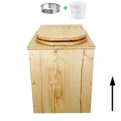 Toilette sèche rehaussée en bois huilé complète avec seau 20 litres et bavette inox, abattant "D" huilé