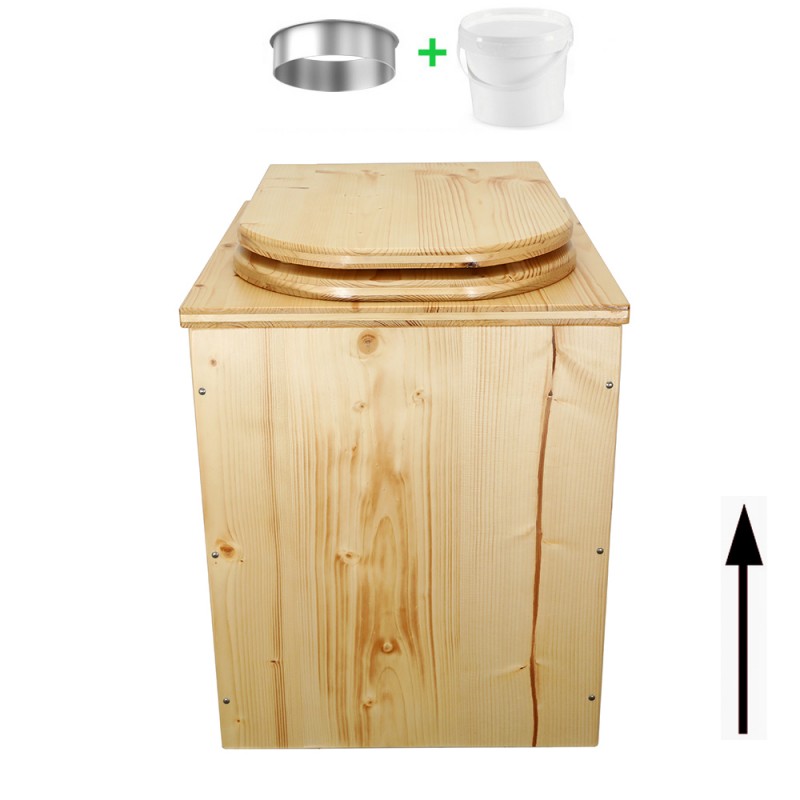 Toilette sèche rehaussée en bois huilé complète avec seau 20 litres et bavette inox, abattant "D" huilé
