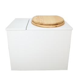 Toilette sèche en bois blanc rehaussée avec bac à copeaux de bois, bavette inox et seau 20 litres plastique, abattant huilé