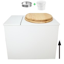 Toilette sèche en bois blanc rehaussée avec bac à copeaux de bois, bavette inox et seau 20 litres plastique, abattant huilé