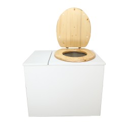 Toilette sèche en bois blanc rehaussée avec bac à copeaux de bois, bavette inox et seau 20 litres plastique, abattant huilé