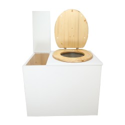 Toilette sèche en bois blanc rehaussée avec bac à copeaux de bois, bavette inox et seau 20 litres plastique, abattant huilé