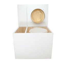 Toilette sèche en bois blanc rehaussée avec bac à copeaux de bois, bavette inox et seau 20 litres plastique, abattant huilé