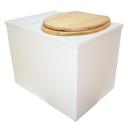 Toilette sèche en bois blanc rehaussée avec bac à copeaux de bois, bavette inox et seau 20 litres plastique, abattant huilé