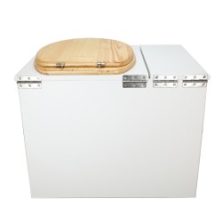 Toilette sèche en bois blanc rehaussée avec bac à copeaux de bois, bavette inox et seau 20 litres plastique, abattant huilé