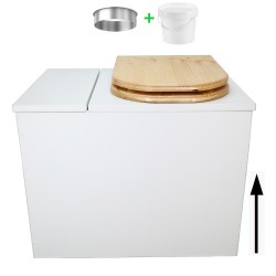 Toilette sèche en bois blanc rehaussée avec bac à copeaux de bois, bavette inox et seau 20 litres plastique, abattant "D" huilé
