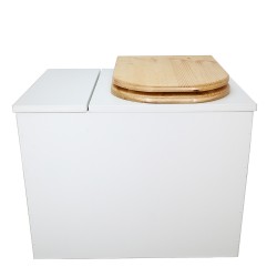 Toilette sèche en bois blanc rehaussée avec bac à copeaux de bois, bavette inox et seau 20 litres plastique, abattant "D" huilé