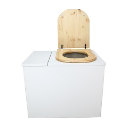 Toilette sèche en bois blanc rehaussée avec bac à copeaux de bois, bavette inox et seau 20 litres plastique, abattant "D" huilé