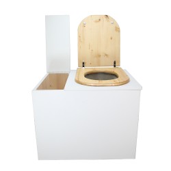 Toilette sèche en bois blanc rehaussée avec bac à copeaux de bois, bavette inox et seau 20 litres plastique, abattant "D" huilé