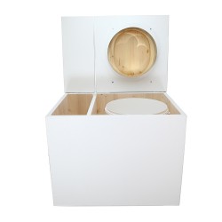 Toilette sèche en bois blanc rehaussée avec bac à copeaux de bois, bavette inox et seau 20 litres plastique, abattant "D" huilé
