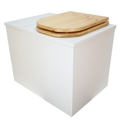 Toilette sèche en bois blanc rehaussée avec bac à copeaux de bois, bavette inox et seau 20 litres plastique, abattant "D" huilé