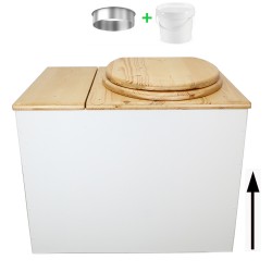 Toilette sèche en bois blanc/huilé rehaussée avec bac à copeaux de bois, bavette inox et seau 20 litres, abattant huilé