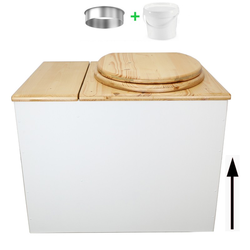 Toilette sèche en bois blanc/huilé rehaussée avec bac à copeaux de bois, bavette inox et seau 20 litres, abattant huilé