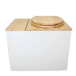 Toilette sèche en bois blanc/huilé rehaussée avec bac à copeaux de bois, bavette inox et seau 20 litres, abattant huilé