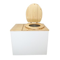 Toilette sèche en bois blanc/huilé rehaussée avec bac à copeaux de bois, bavette inox et seau 20 litres, abattant huilé