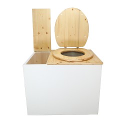Toilette sèche en bois blanc/huilé rehaussée avec bac à copeaux de bois, bavette inox et seau 20 litres, abattant huilé