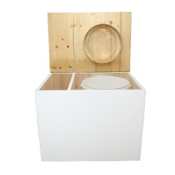 Toilette sèche en bois blanc/huilé rehaussée avec bac à copeaux de bois, bavette inox et seau 20 litres, abattant huilé