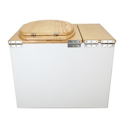 Toilette sèche en bois blanc/huilé rehaussée avec bac à copeaux de bois, bavette inox et seau 20 litres, abattant huilé