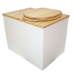 Toilette sèche en bois blanc/huilé rehaussée avec bac à copeaux de bois, bavette inox et seau 20 litres, abattant huilé