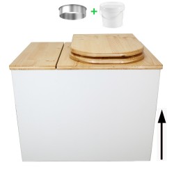 Toilette sèche en bois blanc/huilé rehaussée avec bac à copeaux de bois, bavette inox et seau 20 litres, abattant huilé "D"