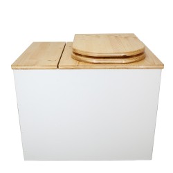 Toilette sèche en bois blanc/huilé rehaussée avec bac à copeaux de bois, bavette inox et seau 20 litres, abattant huilé "D"