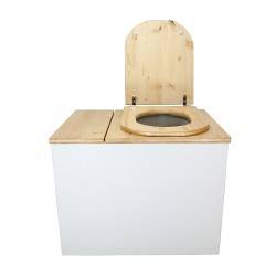 Toilette sèche en bois blanc/huilé rehaussée avec bac à copeaux de bois, bavette inox et seau 20 litres, abattant huilé "D"