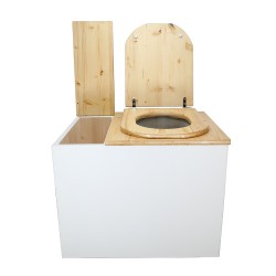 Toilette sèche en bois blanc/huilé rehaussée avec bac à copeaux de bois, bavette inox et seau 20 litres, abattant huilé "D"