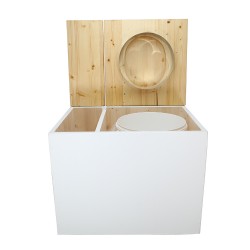 Toilette sèche en bois blanc/huilé rehaussée avec bac à copeaux de bois, bavette inox et seau 20 litres, abattant huilé "D"