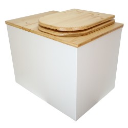 Toilette sèche en bois blanc/huilé rehaussée avec bac à copeaux de bois, bavette inox et seau 20 litres, abattant huilé "D"