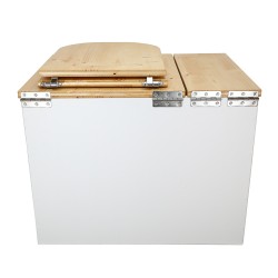 Toilette sèche en bois blanc/huilé rehaussée avec bac à copeaux de bois, bavette inox et seau 20 litres, abattant huilé "D"
