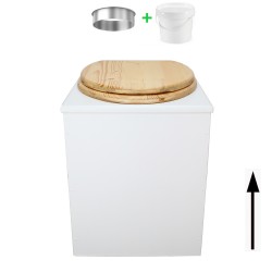 Toilette sèche rehaussée en bois blanc complète avec seau 20 litres et bavette inox, abattant huilé