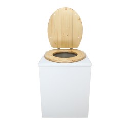 Toilette sèche rehaussée en bois blanc complète avec seau 20 litres et bavette inox, abattant huilé